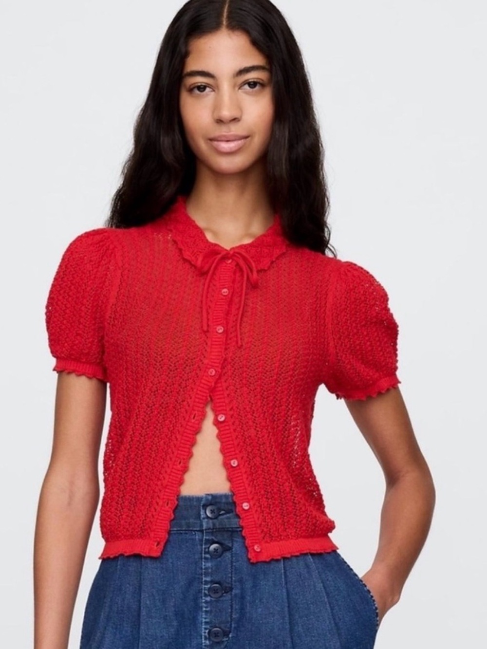 Dôen x GAP Bright Red Crochet Button-Front Puff Sleeve Top - Picture 2 of 4